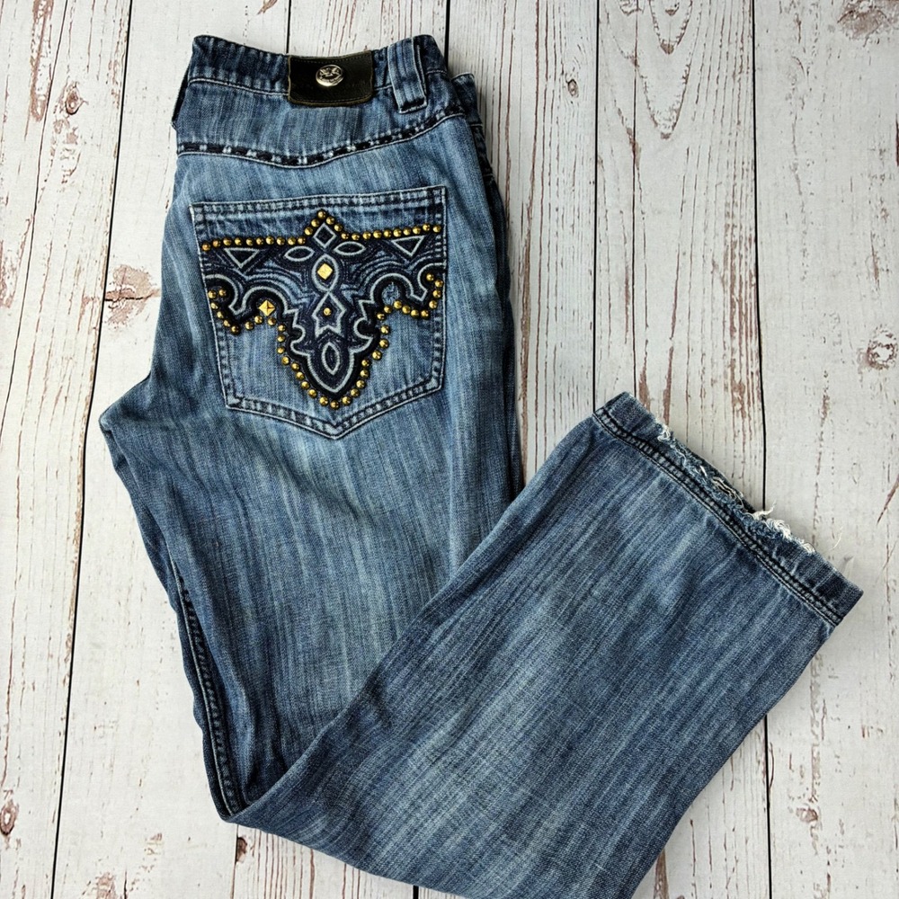 Antik Denim Blue Medium Wash Studded Embroidered Straight Leg Jeans Size 29